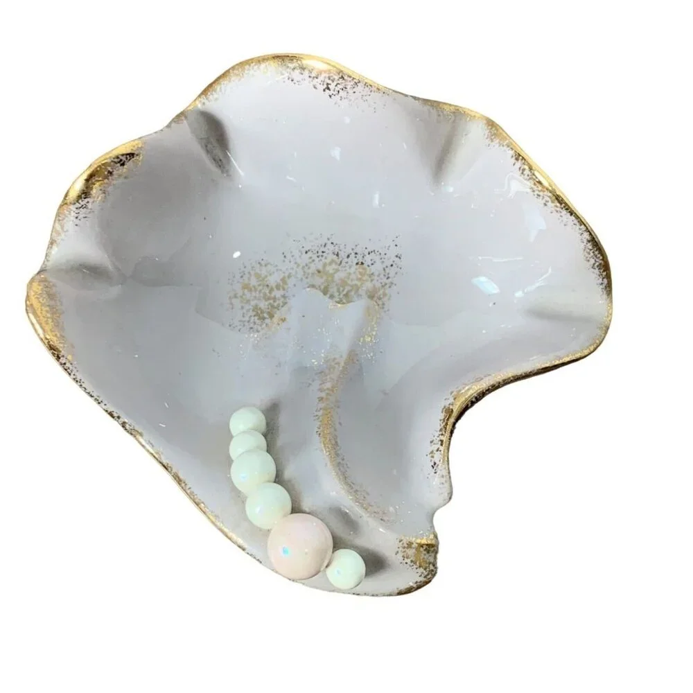 Vintage‎ MCM Gilt Seashell Ashtray Trinket Dish Pearls Midcentury Mermaid Ocean